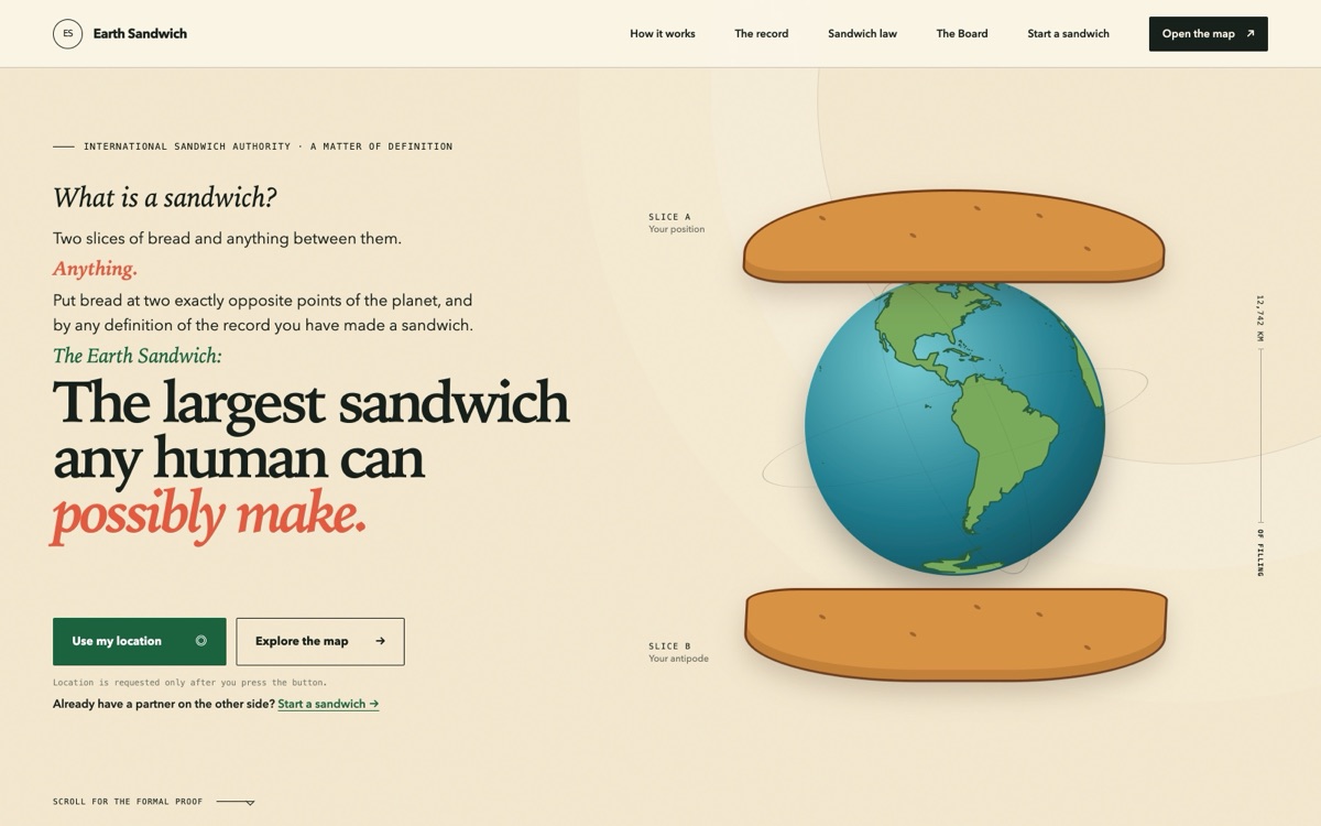 The Earth Sandwich homepage: a globe between two slices of bread, beside the headline “The largest sandwich any human can possibly make.”
