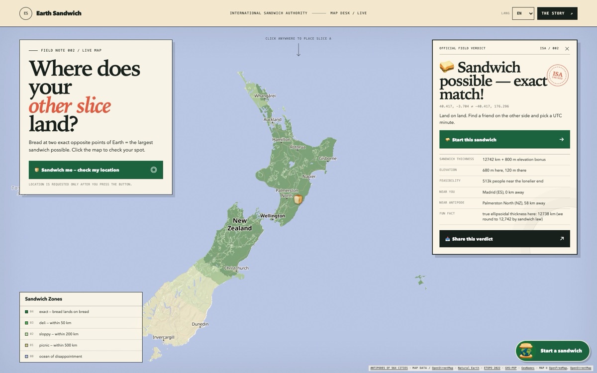 The Earth Sandwich map showing New Zealand’s North Island shaded green, with a verdict card reading “Sandwich possible — exact match!” for Madrid and its antipode near Palmerston North.